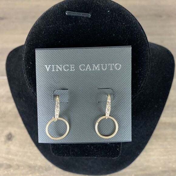 Vince Camuto Hoop Drop Earrings Gold Tone Pave Stick Hoop Dangle Earrings - Picture 1 of 7